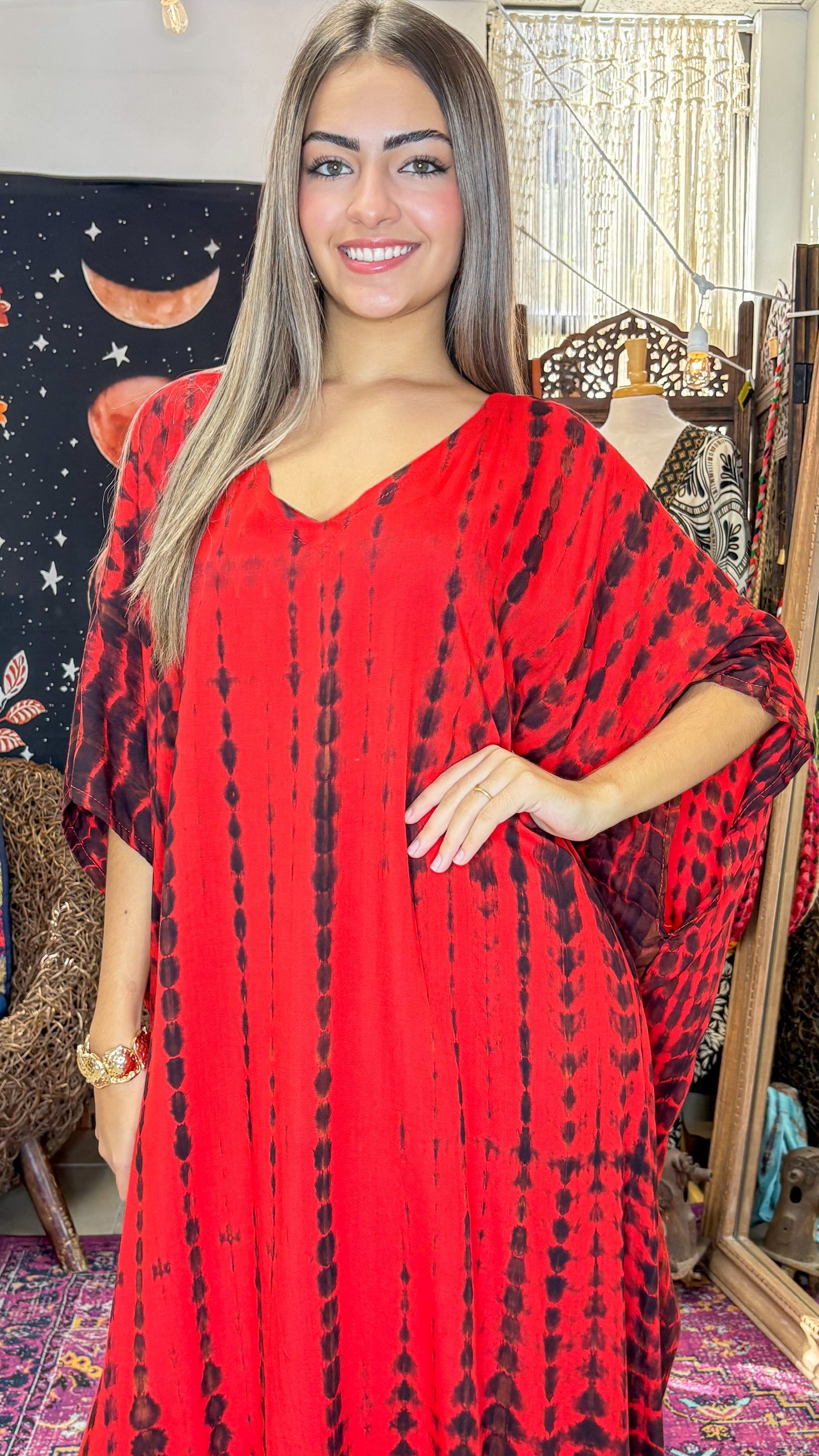 Noa Kaftan Midi Dress-Red