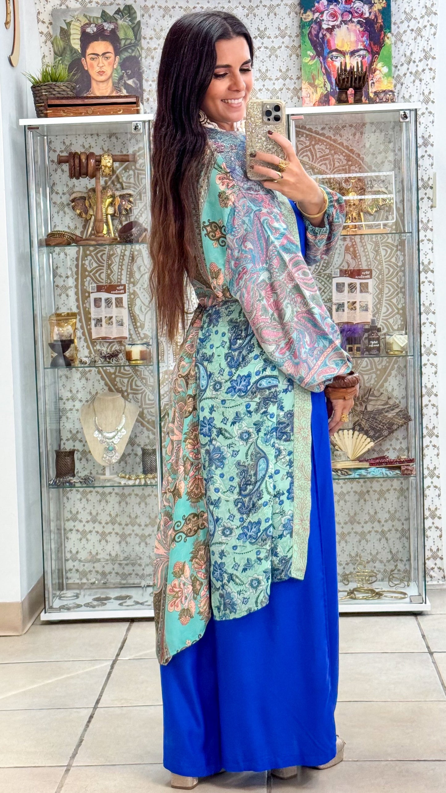 Long Patchwork Kimono- Blue