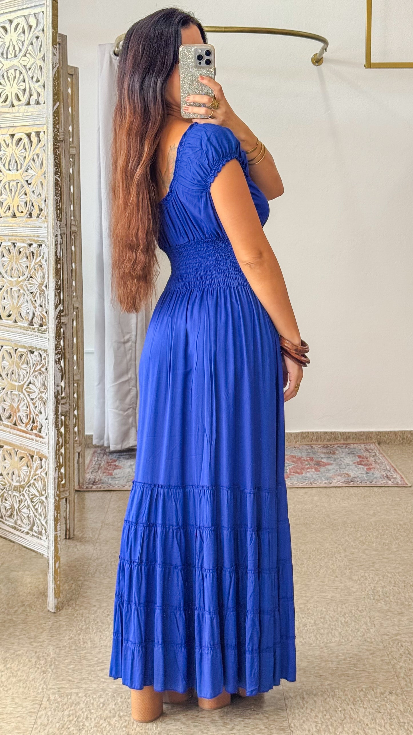 Peasant Solid Color Dress-Royal