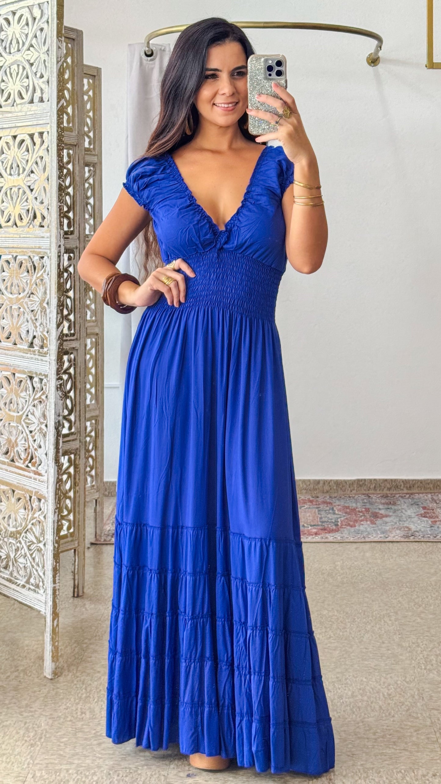 Peasant Solid Color Dress-Royal
