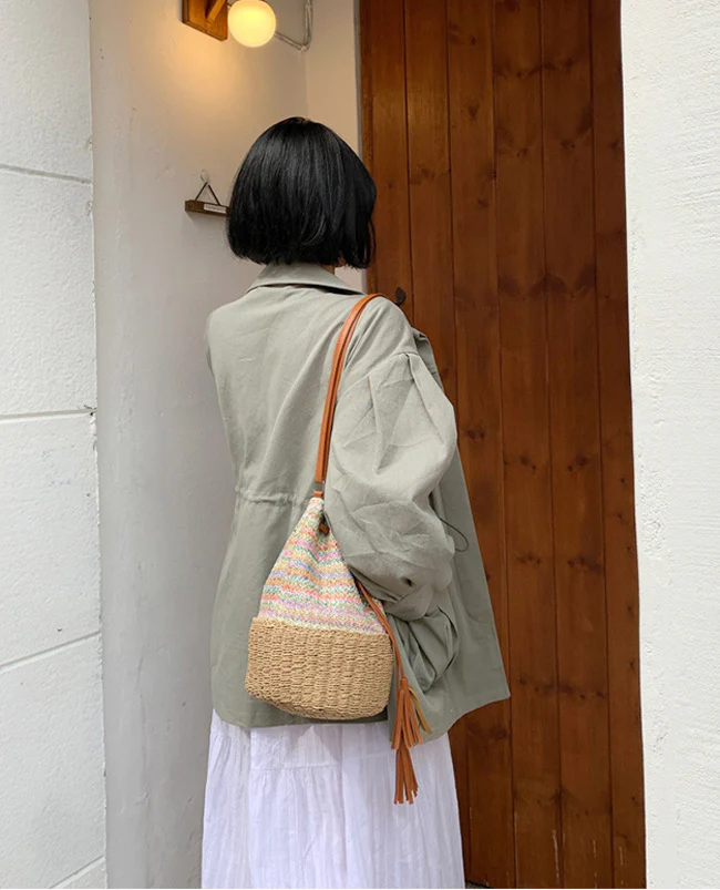 Tassel Straw Bucket Bag