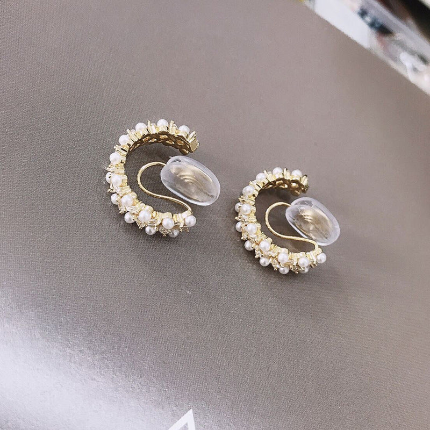 Rhinestone Pearl Hoop Clip On Earrings