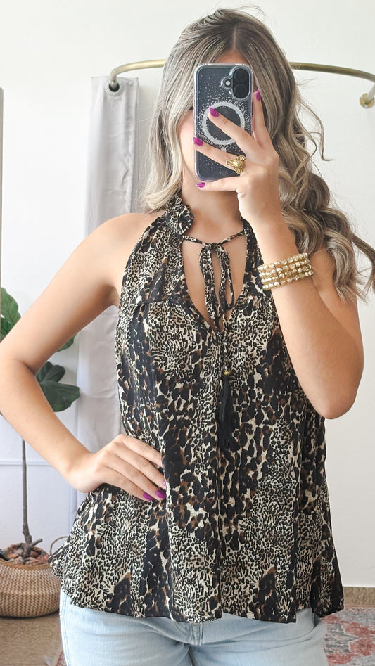 Ruffle Neck Top-Animal Print