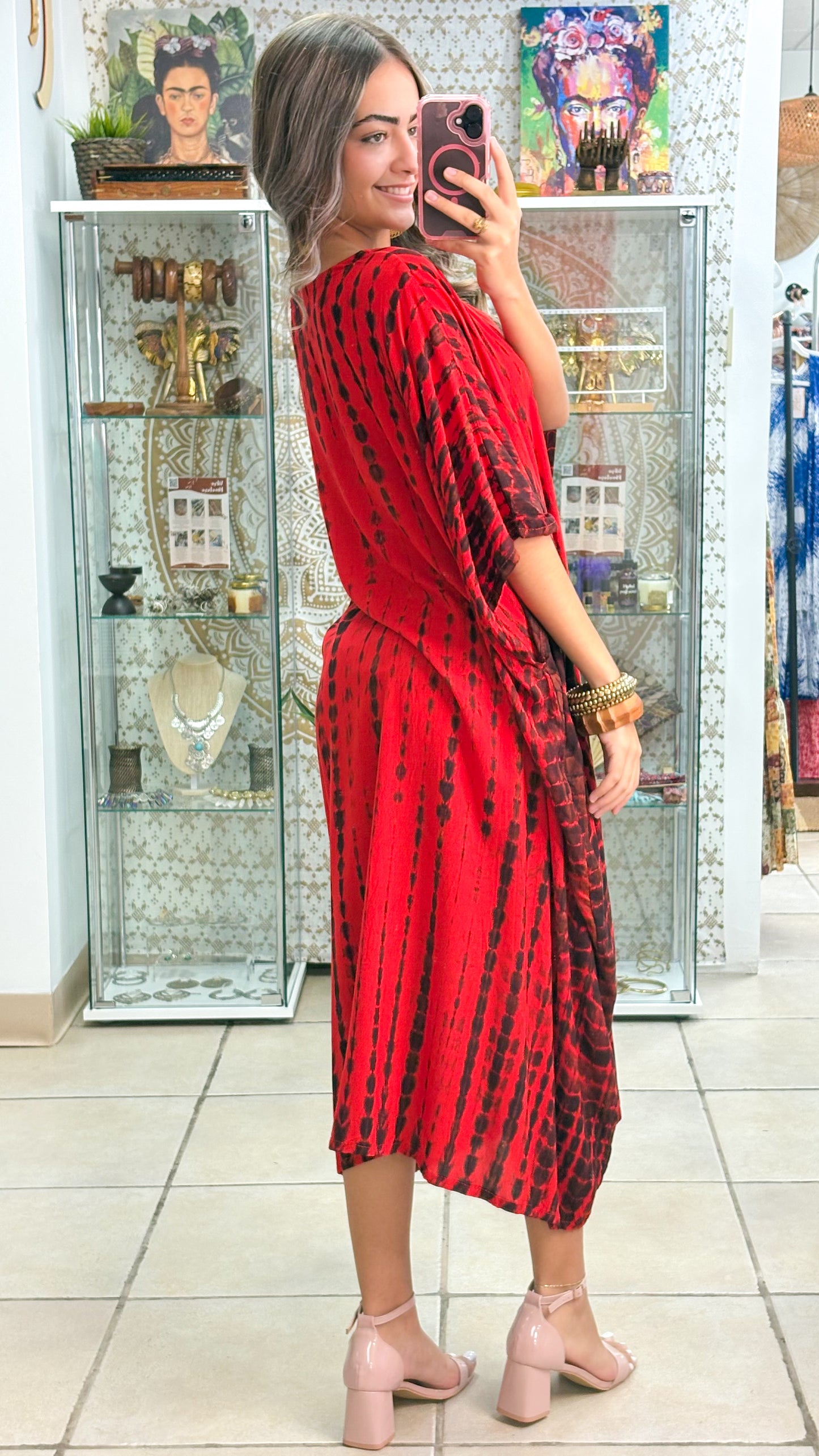 Noa Kaftan Midi Dress-Red
