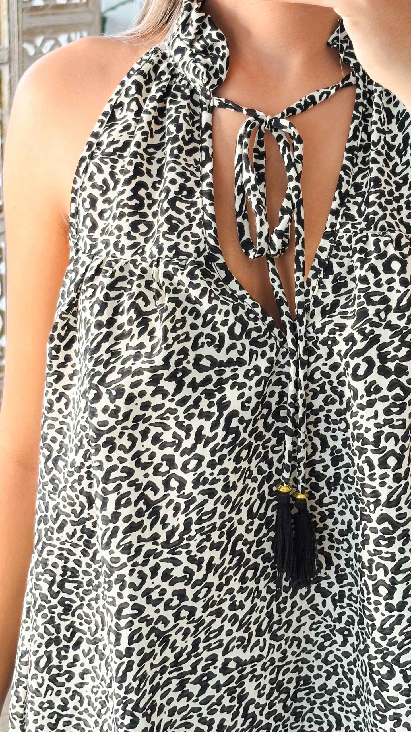 Ruffle Neck Top-Animal Print