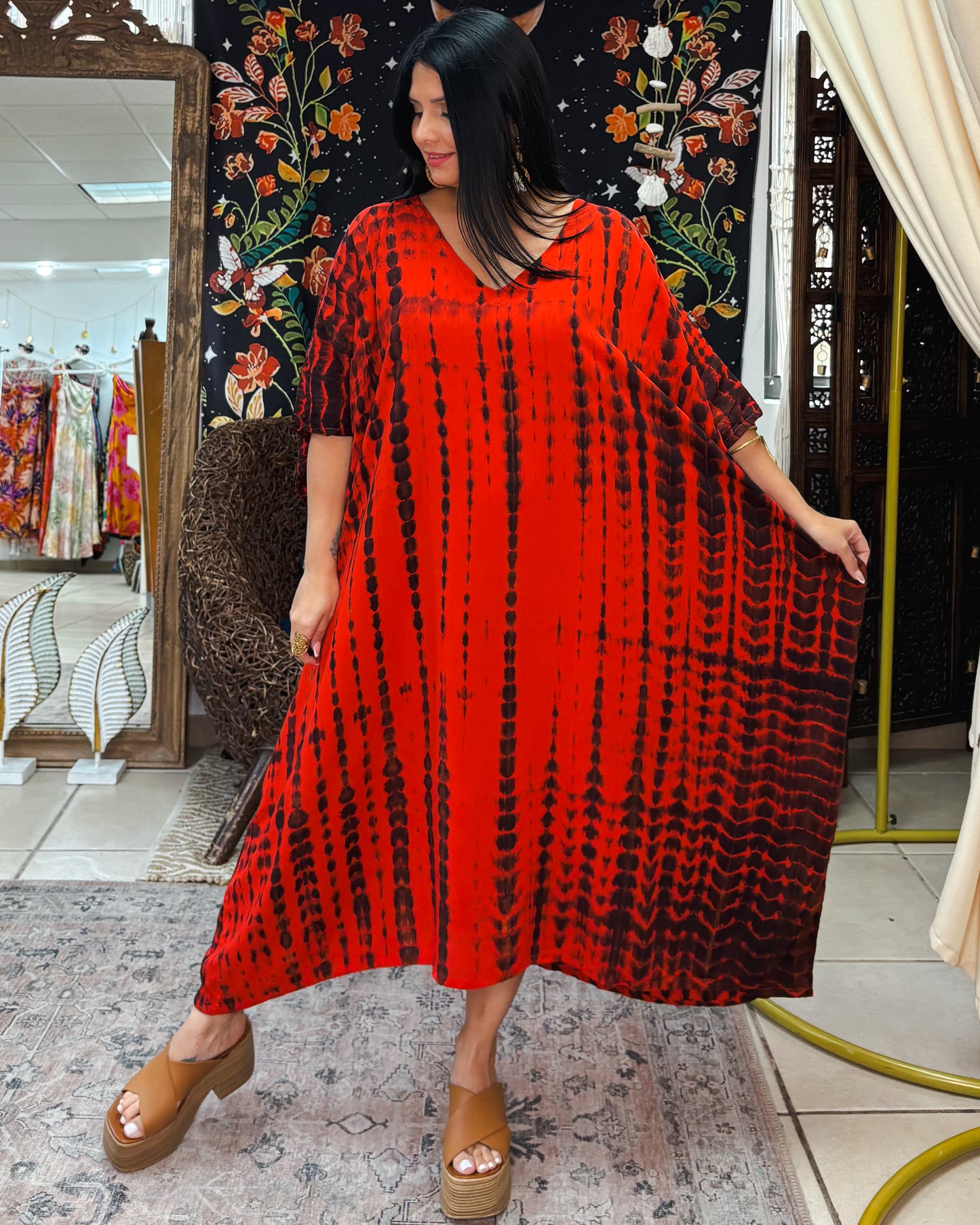 Noa Kaftan Midi Dress-Red