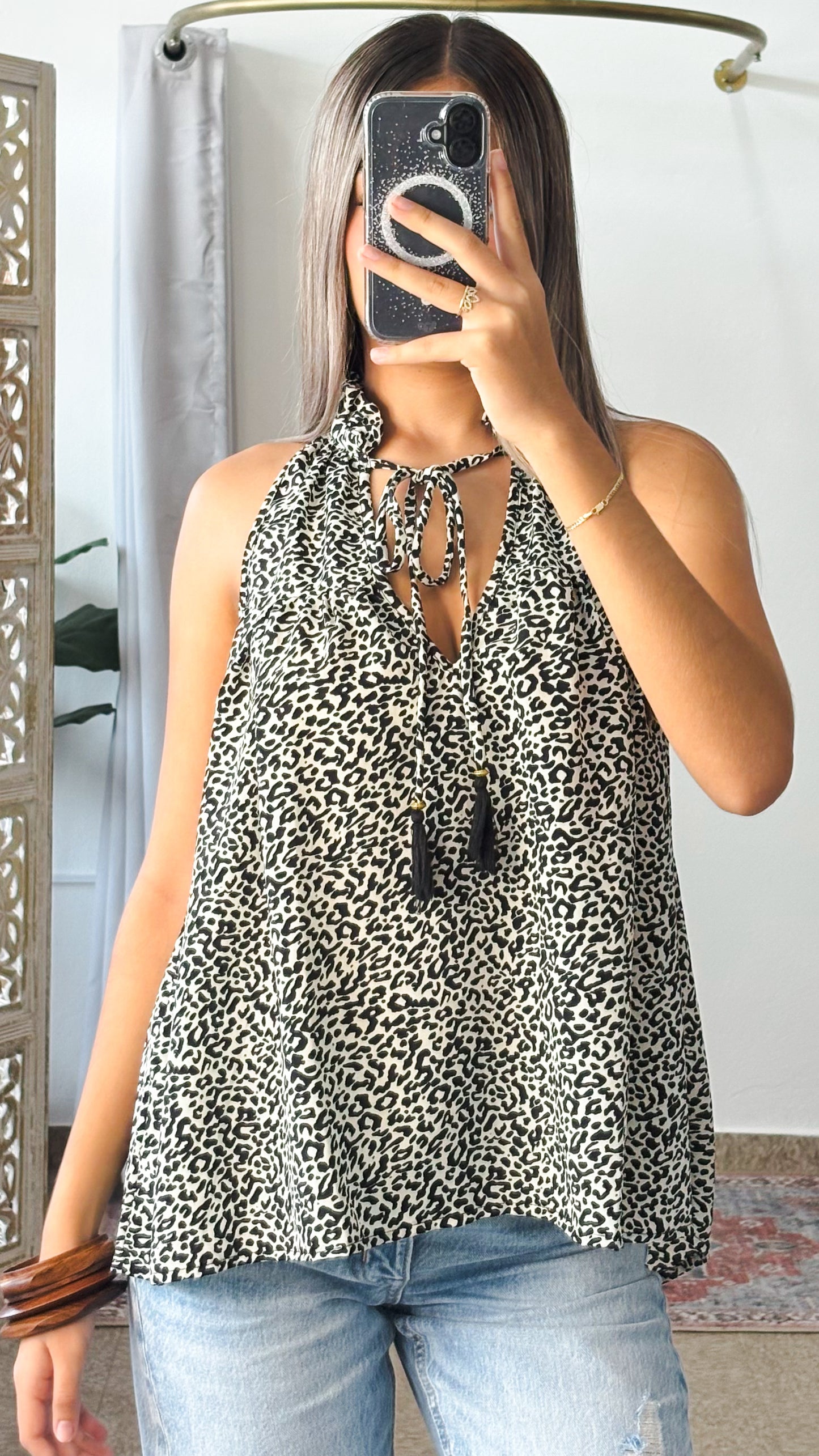 Ruffle Neck Top-Animal Print