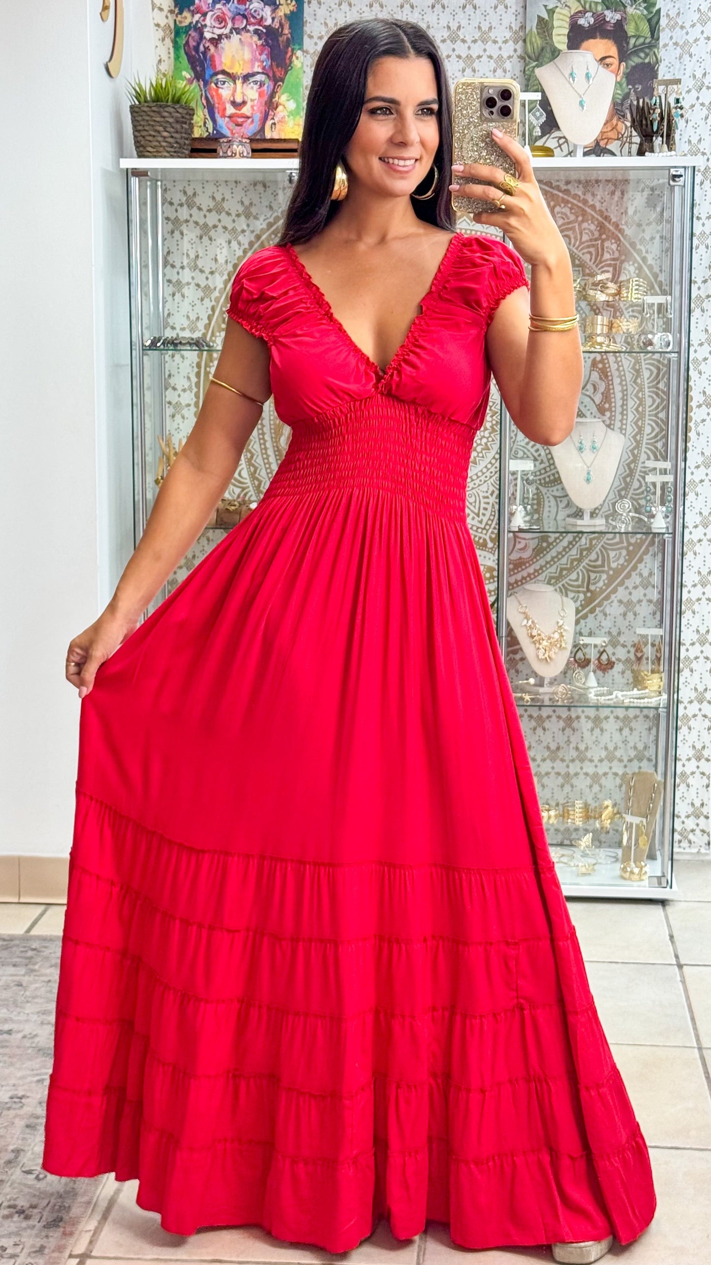 Peasant Maxi Dress- Cherry Red