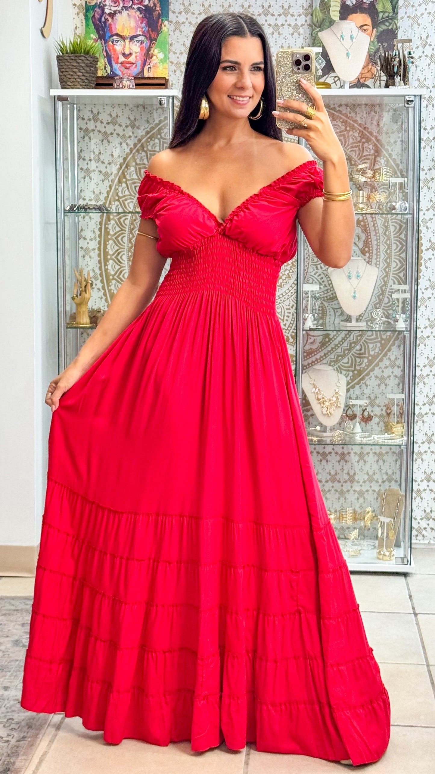 Peasant Maxi Dress- Cherry Red