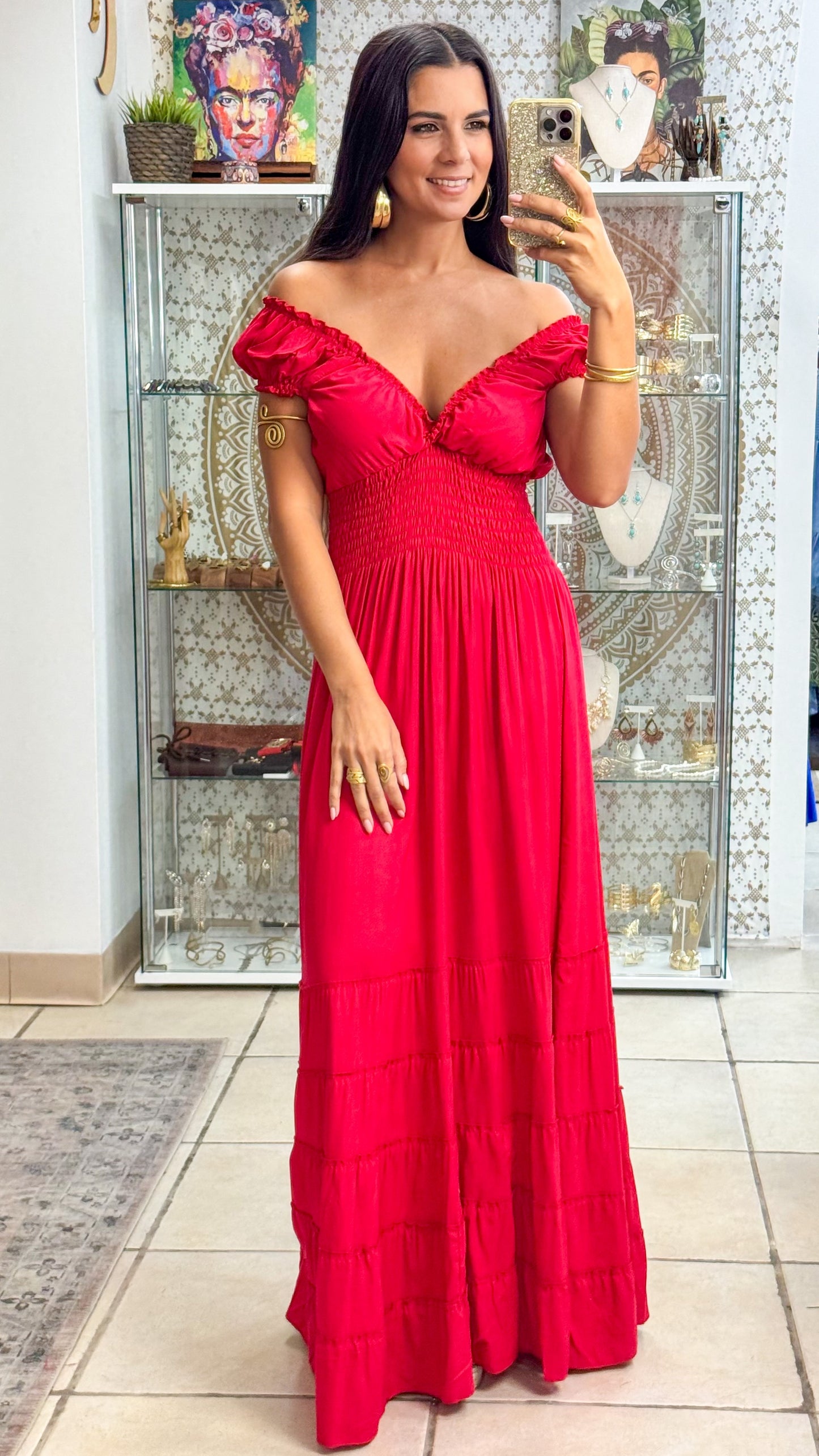 Peasant Maxi Dress- Cherry Red