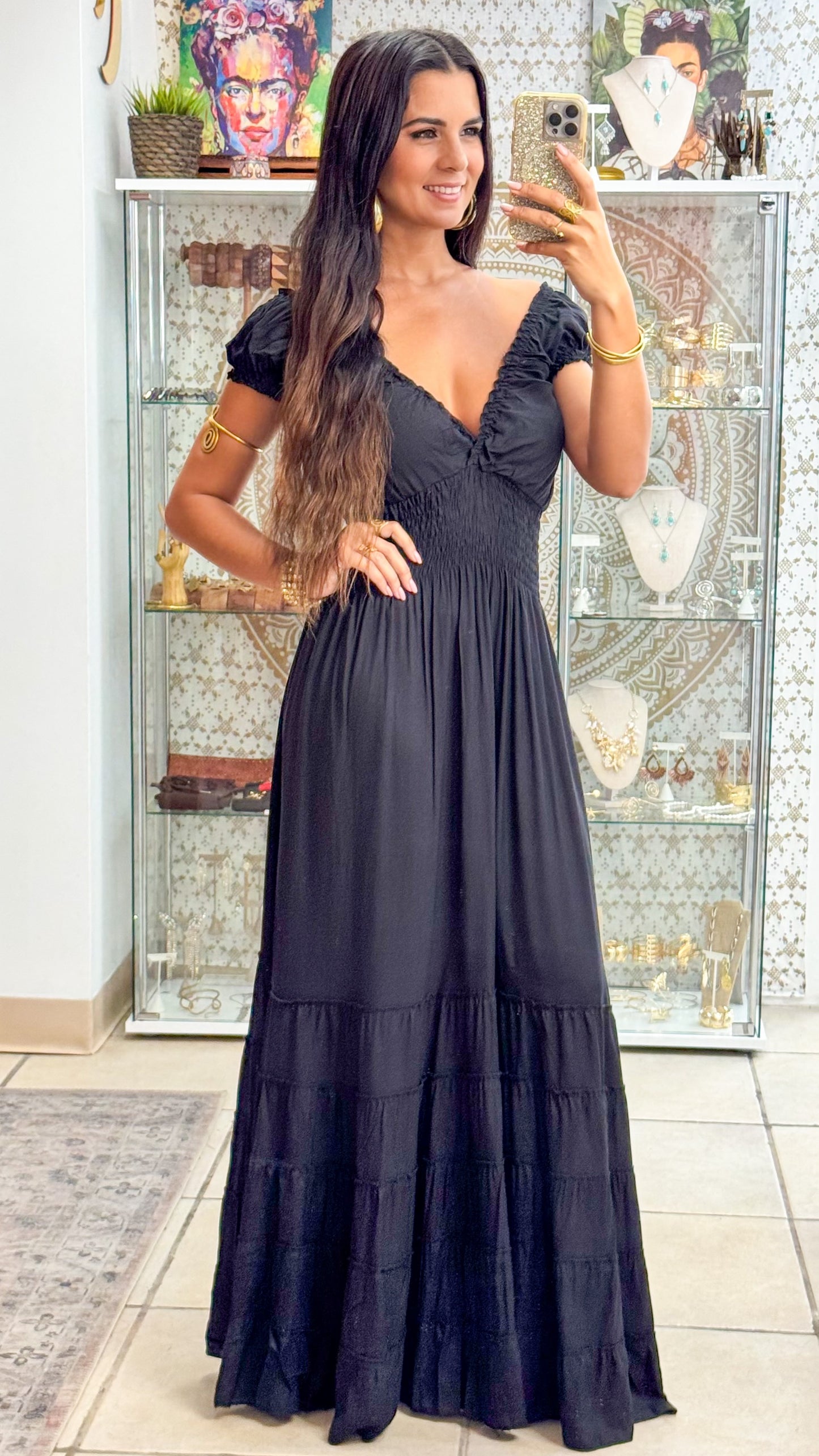Peasant Maxi Dress- Black