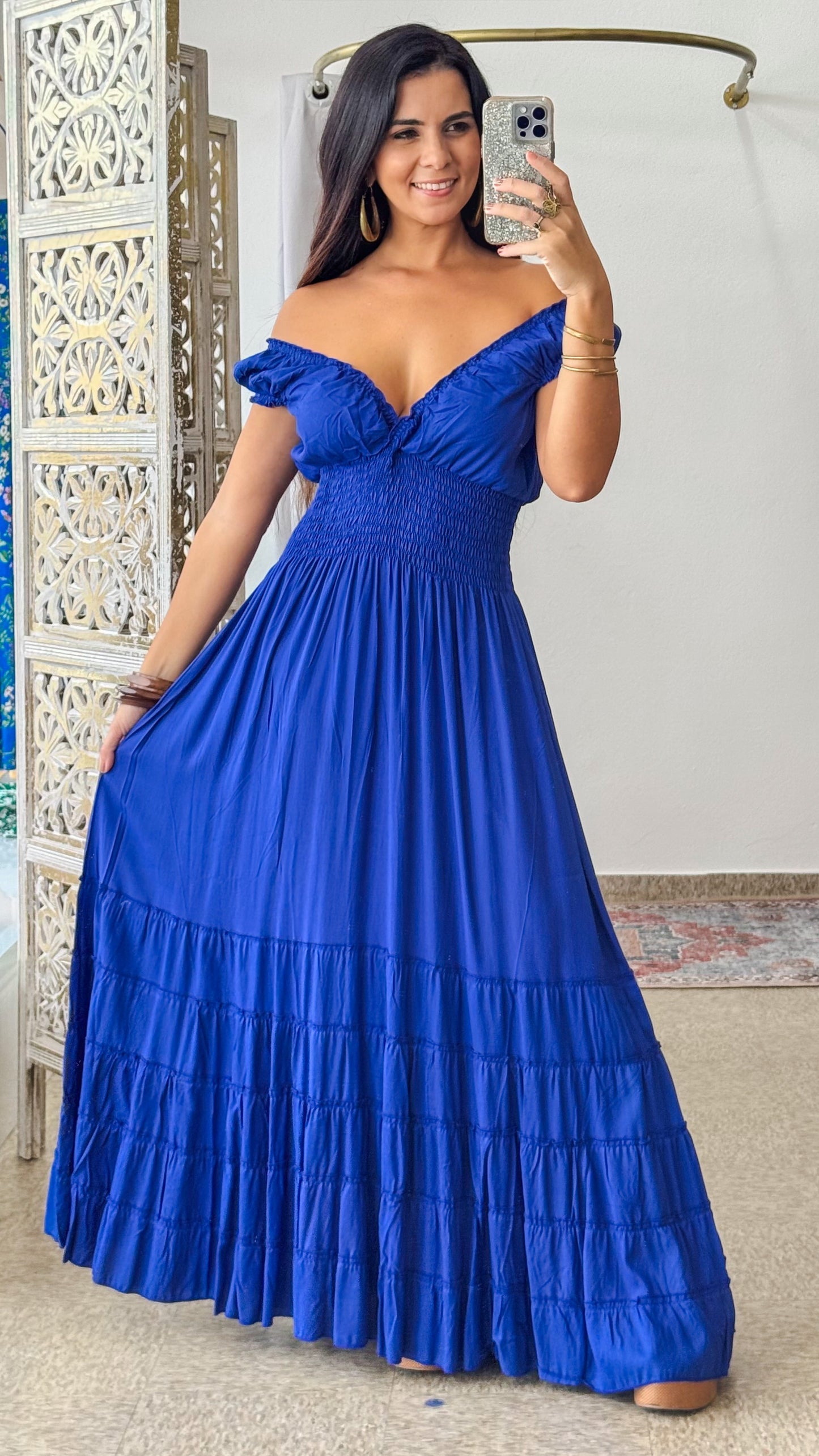 Peasant Solid Color Dress-Royal