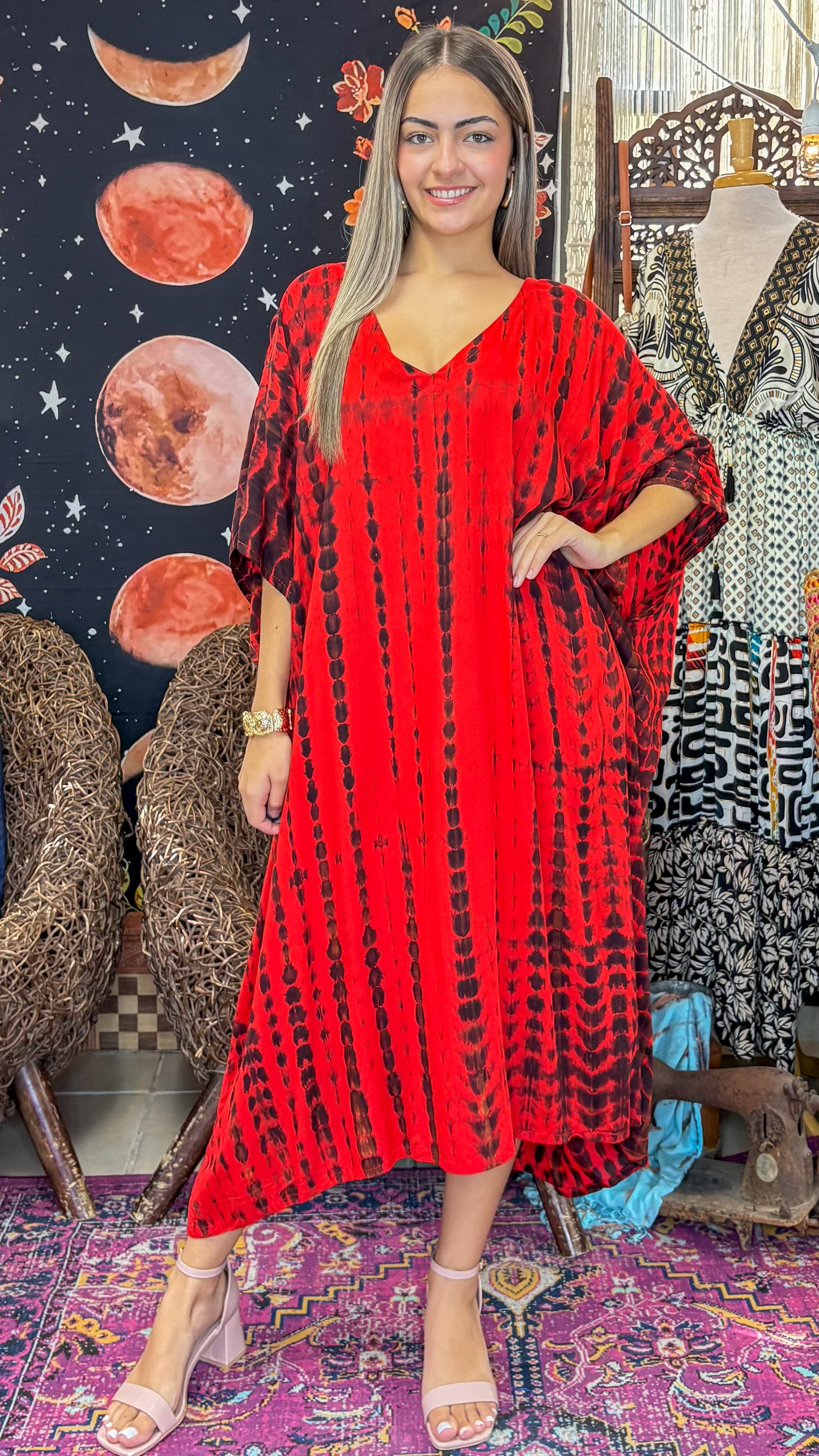 Noa Kaftan Midi Dress-Red