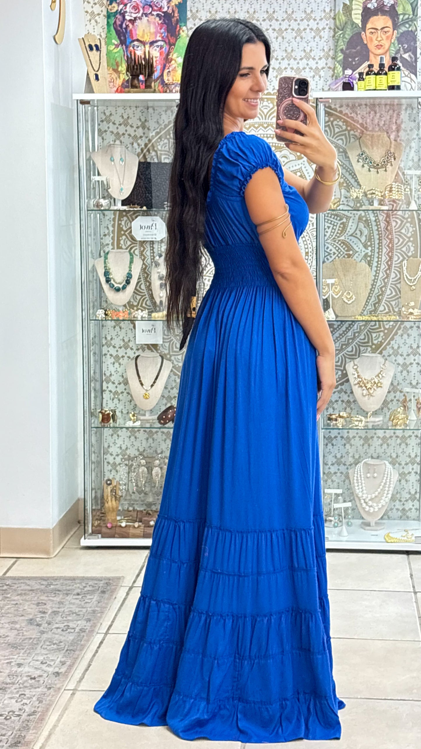 Peasant Solid Color Dress-Royal