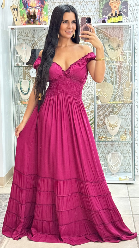 Peasant Maxi Dress- Berry