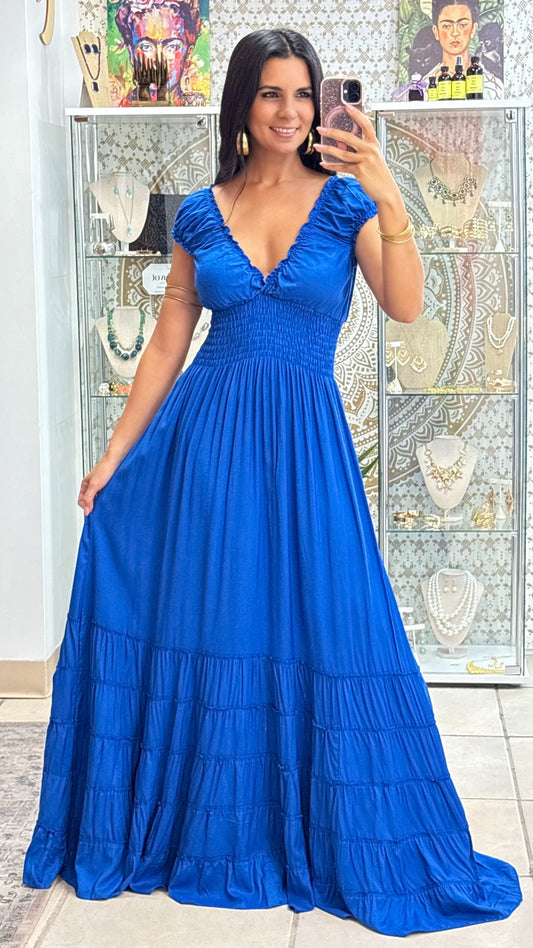 Peasant Solid Color Dress-Royal