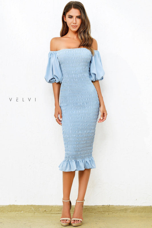 Skyla Shirred Midi Dress - LIGHT BLUE